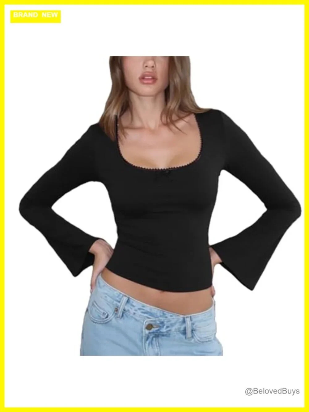 Y2K Long Bell Sleeve Square Neck Crop Blouse Lace Patchwork Slim Fit Top